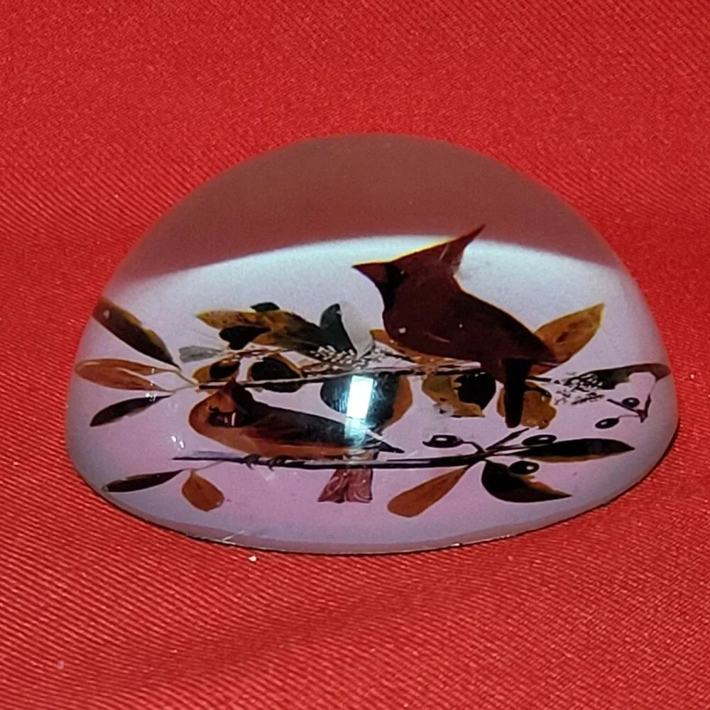 Vintage Art Glass Paperweight Bird on Olive Branches Half Round Dome